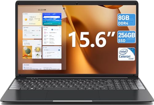 SGIN Ordinateur Portable 15,6 Pouces, 8 Go RAM 256 Go SSD Notebook, Celeron Quad-Core,1366x768, 2.4/5.0G WiFi, Bluetooth 4.2, Prend en Mémoire Extensible 512 Go TF