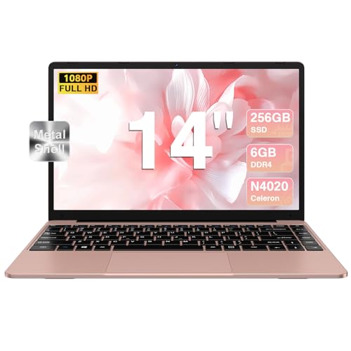 bvate Ordinateur Portable 256 Go 14" Win 11 N4020 Support Expansion 1 to SSD 1080P 2.4G+5G WiFi Mini HDMI & Souris sans Fil et Un Film de Clavier AZERTY pour Clavier - Or Rose