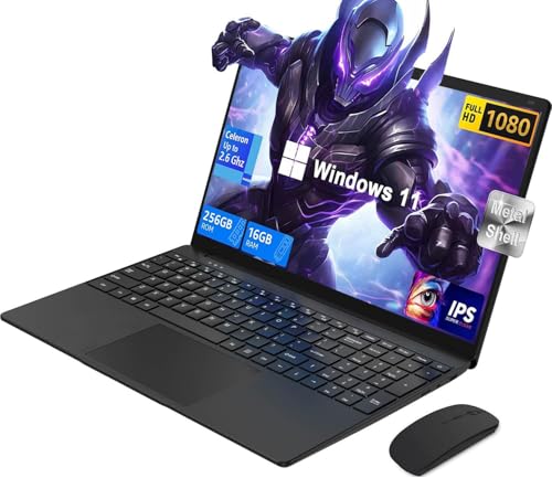 Ordinateur Portable 15.6 Pouces, PC Portable Gamer Win 11 Pro, 16 Go RAM 256 Go SSD / TF 1 TB, Celeron N4000, 1920 x 1080 IPS, 5G WiFi, Bluetooth 5, MINI HDMI, Ordinateur Pas Cher avec Souris sans Fil